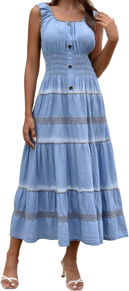 DREFBUFY Women's Maxi Dress Sleeveless Denim Long Summer A-line Casual Blue Cotton Boho Flowy Sundresses for Women