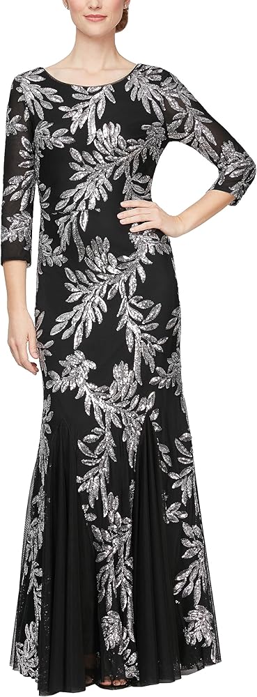 Alex Evenings Women's Long Sequin Dresses with ¾ Sleeves