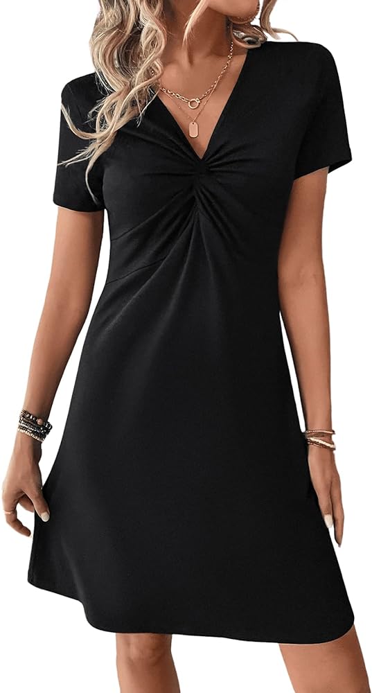 SweatyRocks Women's Casual Short Sleeve V Neck Tee Shirt Dress Twist Front A Line Short Dresses