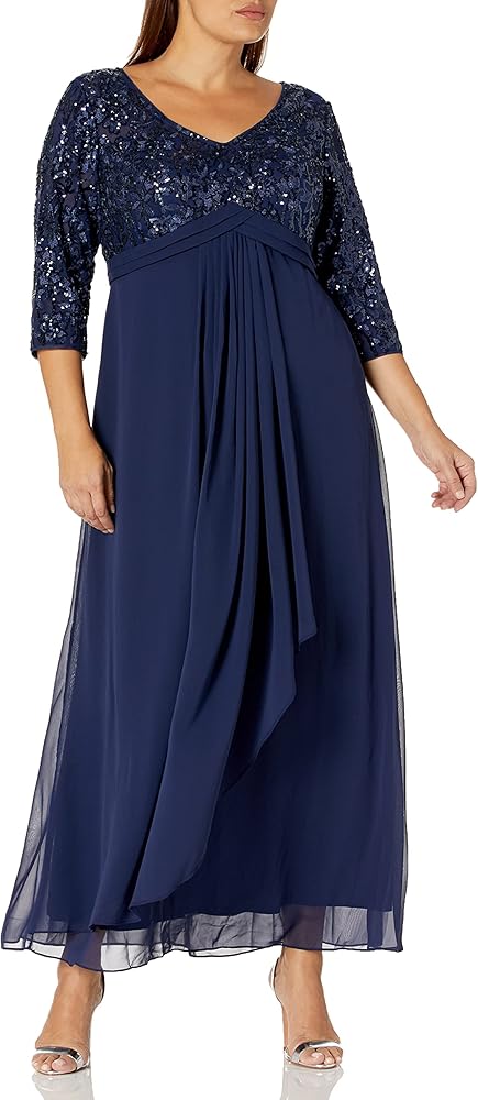 Alex Evenings Women's Size Long Lace Top Empire Waist Dress, Navy Plus, 14W