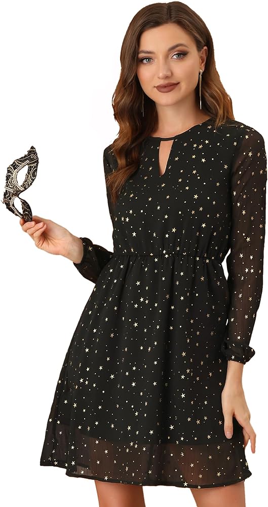 Allegra K Women's Choker V Neck Gilding Metallic Star Halloween Party Flared A-Line Dress