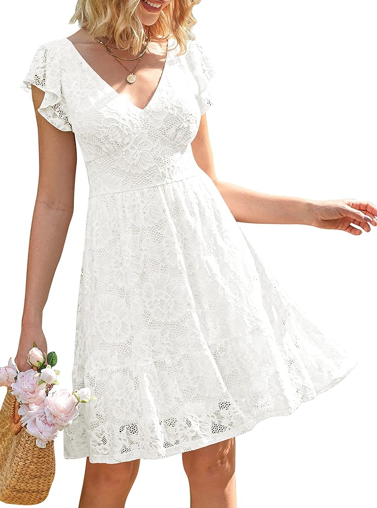 MEROKEETY Women's 2024 Summer V Neck Flutter Sleeve Dress Floral Lace Tie Back A Line Dresses