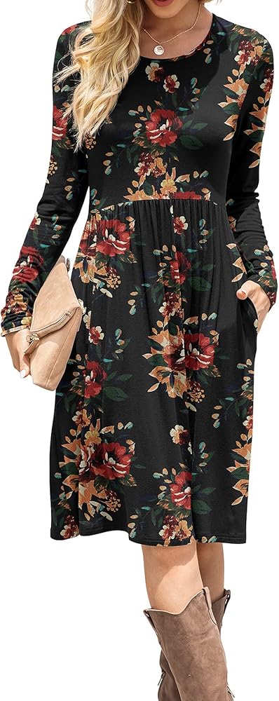 DB MOON Women Casual Long Sleeve Dresses Empire Waist Knee Length Loose Dress with Pockets