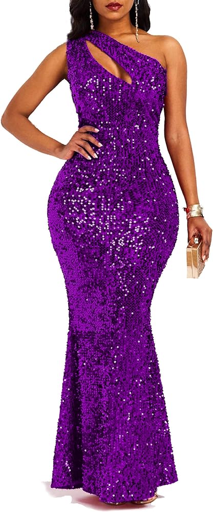 VERWIN Sequins Fashion Sleeveless Oblique Collar Mermaid Women's Maxi Dress Bodycon Dress Party Dress