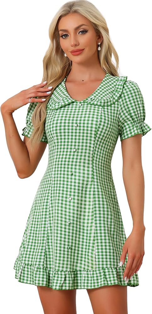 Allegra K Women's Gingham Checks Ruffled Peter Pan Collar 1960s Mini Dress