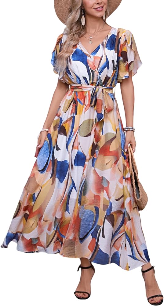 Kormei Women Wrap V Neck Boho Floral A Line Flowy Casual Short Sleeve Belted Wedding Guest Party Maxi Long Dress