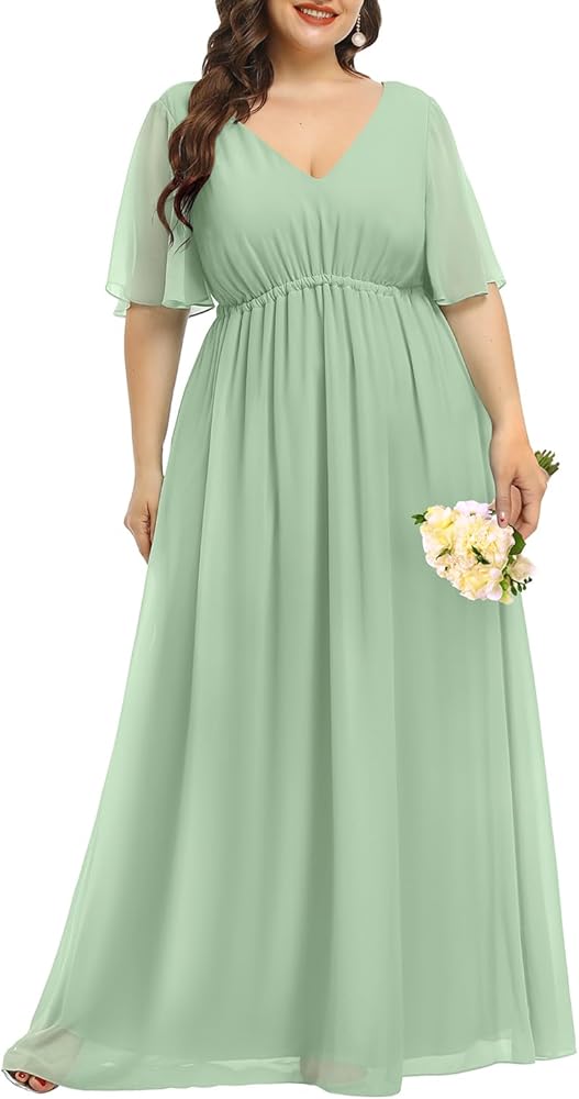 Pinup Fashion Women's Plus Size Chiffon Double V-Neck Empire Waist Ball Gowns for Evening Party Formal Maxi Dress