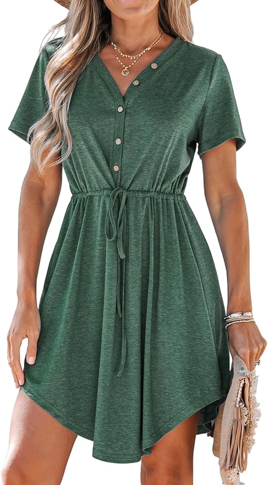 CUPSHE Drawstring V-Neck Mini Dress Short Sleeves Button-Front Dresses Casual Summer