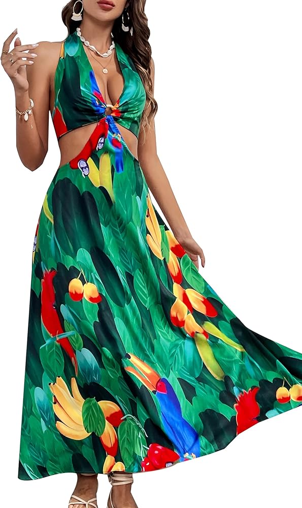 SPORLIKE Women V-Neck Long Dress Cut Out Bohemian Sundress Tropical Bodycon Maxi Dress