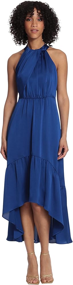 Maggy London Women's Fold Detail Halter Dress with Back Neck Tie and Tiered High-Low Skirt