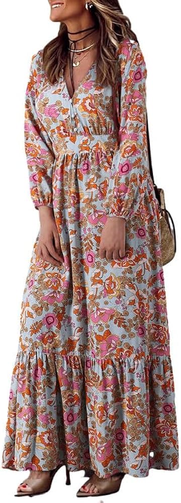 Dokotoo Women's 2024 Boho Maxi Dress Casual Long Puff Sleeve V Neck Ruffle A Line Flowy Casual Beach Dresses