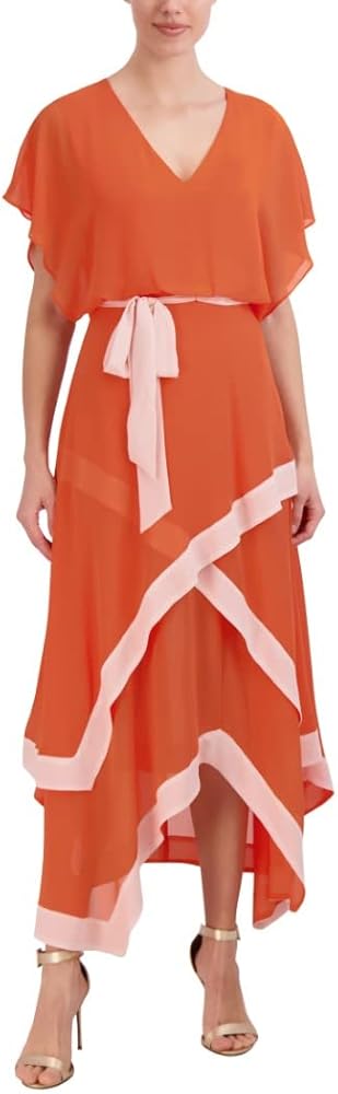 BCBGMAXAZRIA Women's V Neck Short Sleeve Flowy Maxi Tiered Handkerchief Dress