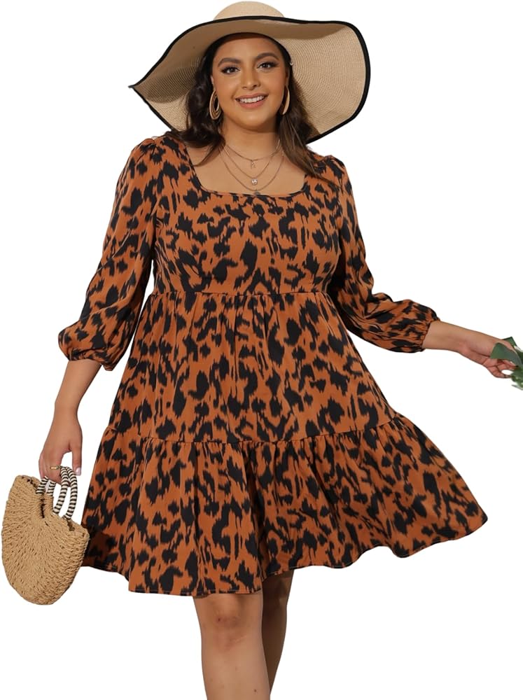 Floerns Women's Plus Size Printed Casual Square Neck Puff Sleeve A Line Dress