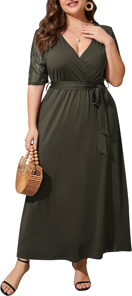 Plus Size Summer Dress for Curvy Women Wrap V Neck Wedding Guest Dress Formal Lace Short sleeve Maxi Dress