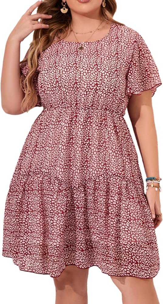 HBEYYTO Women's Plus Size Floral Print Boho Beach Dress Casual Ruffle Sleeve Elastic Waist Swing Chiffon Sundress