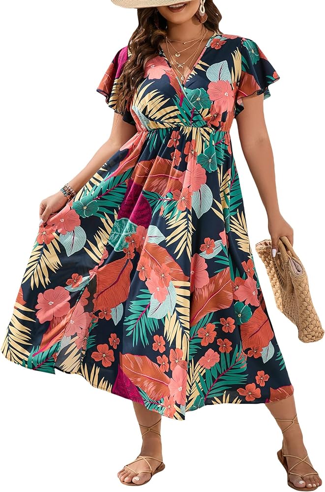 Floerns Women's Plus Size Boho Floral V Neck Short Sleeve A Line Long Dress