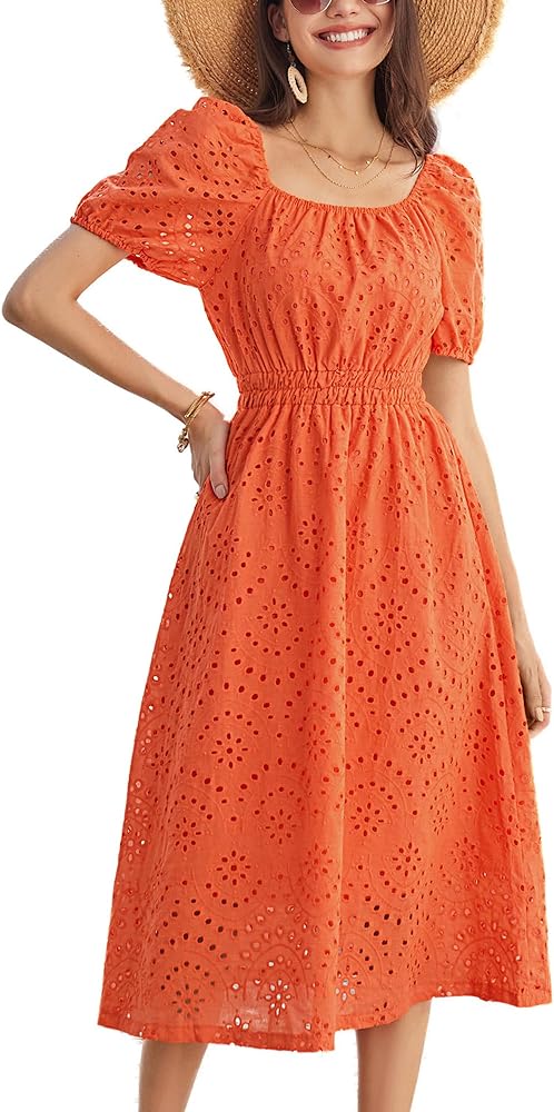 GRACE KARIN Women's Eyelet Dresses Summer Square Neck Short Puff Sleeve Casual A Line Boho Midi Dress