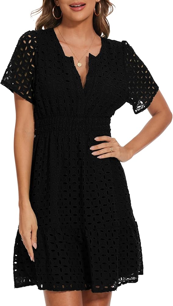 Women Summer Eyelet Lace Dress Casual V Neck Mini A Line Hollow Out Embroidered Formal Dress Sundresses