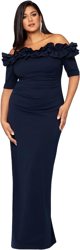 Xscape Women's Plus Size Long Off The Shoulder Ruffle Scuba Crepe Dress