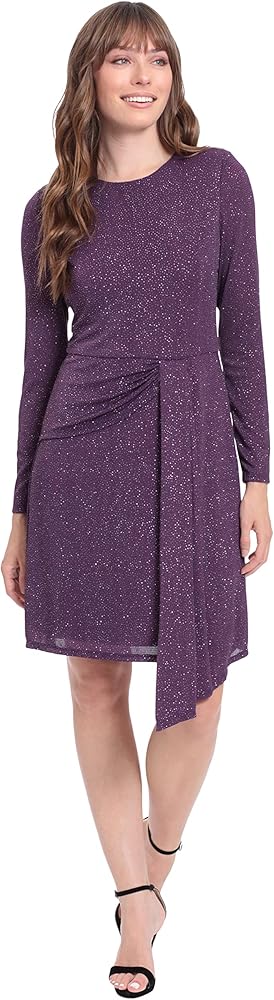 London Times Women's Long Sleeve Side Drape Dress