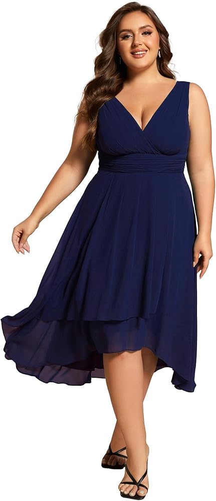 Ever-Pretty A Line V Neck Sleeveless Chiffon Plus Size Pleated High Low Summer Wedding Guest Dresses for Curvy Women 61926-DA