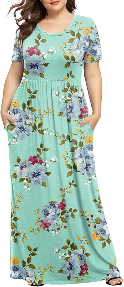 LONGYUAN Women's Plus Size Maxi Dresses Summer Casual Short Sleeve 2024 Fahion Long Dress XL-6XL with Pockets