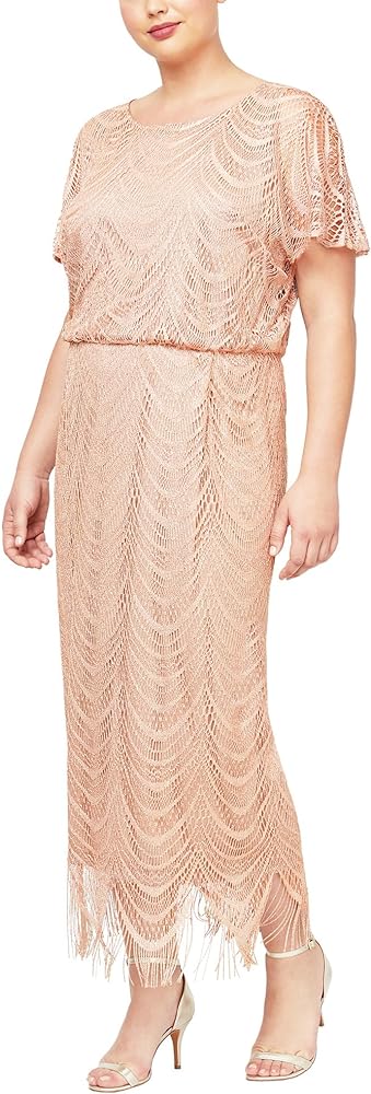 S.L. Fashions Women's Plus Size Metallic Blouson Crochet Dress