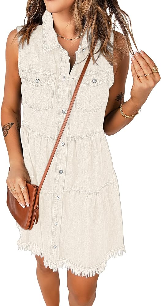 luvamia Women's Casual Summer Lapel Sleeveless Button Down Short Denim Jean Dress