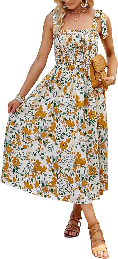 PRETTYGARDEN Women Summer Dresses 2024 Tie Strap Square Neck Smocked Ruffle Flowy Floral Print Boho Maxi Cocktail Dress