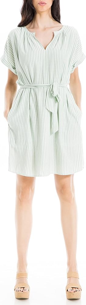 Max Studio Women's Sleeve Button Drop Short Dress with Tie Waist