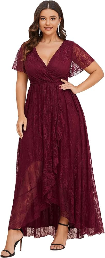 Ever-Pretty Women's V Neck Ruffles Sleeves Pleated Loose Lace High Low Plus Size Formal Wedding Guest Dresses 01489-DAPH