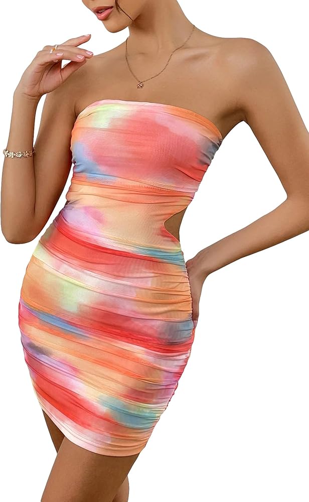 Floerns Women's Cut Out Tie Dye Strapless Tube Ruched Bodycon Mini Dress