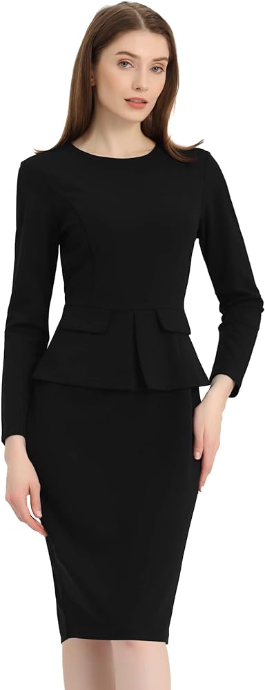 Allegra K Women's Bodycon Pencil Dress Round Neck Bracelet Sleeve Peplum Wear to Work Office Sheath Dress