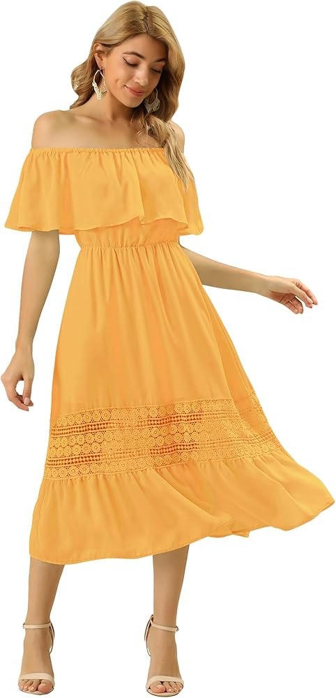 Allegra K Women's Off The Shoulder Ruffle Sleeve Lace Insert Beach Chiffon Midi Dress