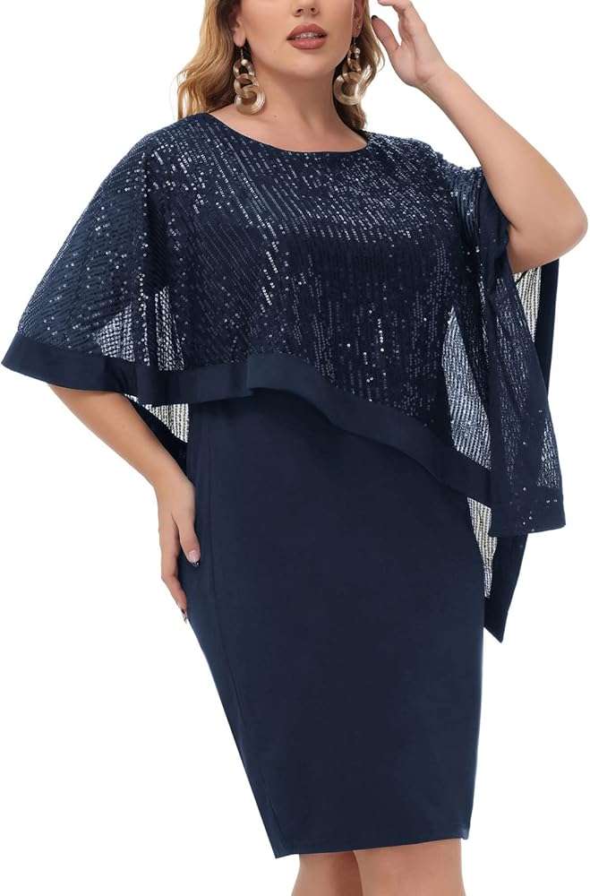 Hanna Nikole Women's Plus Size Glitter Sequin Pencil Dress Cape Dresses for Work Cocktail Party