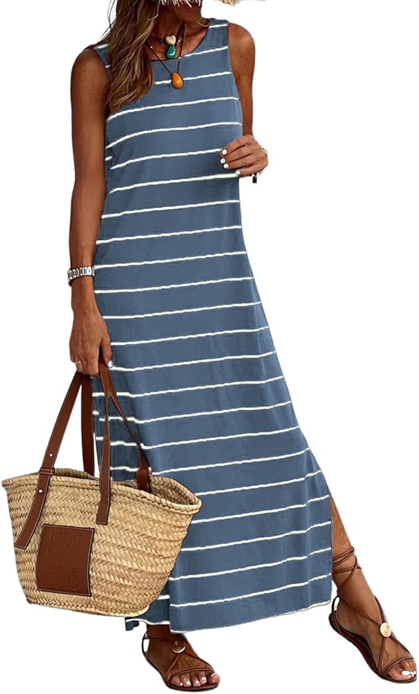 BLENCOT Women's Summer Sleeveless Striped Racerback Long Dress Casual Beach Maxi Tank Dresses