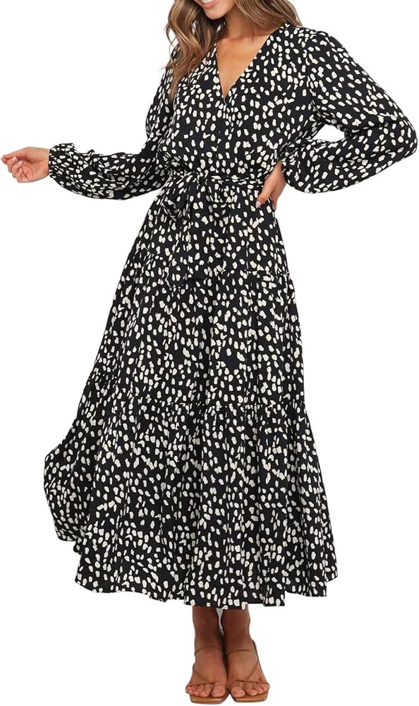 R.Vivimos Women's Fall Long Sleeve Casual Dresses Wrap V Neck Polka Dots Tiered Ruffle Flowy Midi Dress with Belt