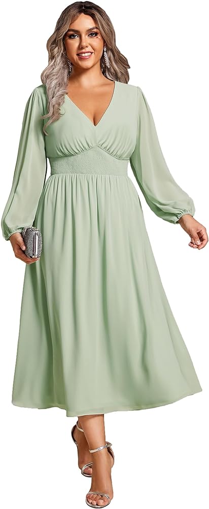 Ever-Pretty Women's A Line V Neck Lantern Sleeves Midi Plus Size Formal Fresses for Curvy Women 01929-DA