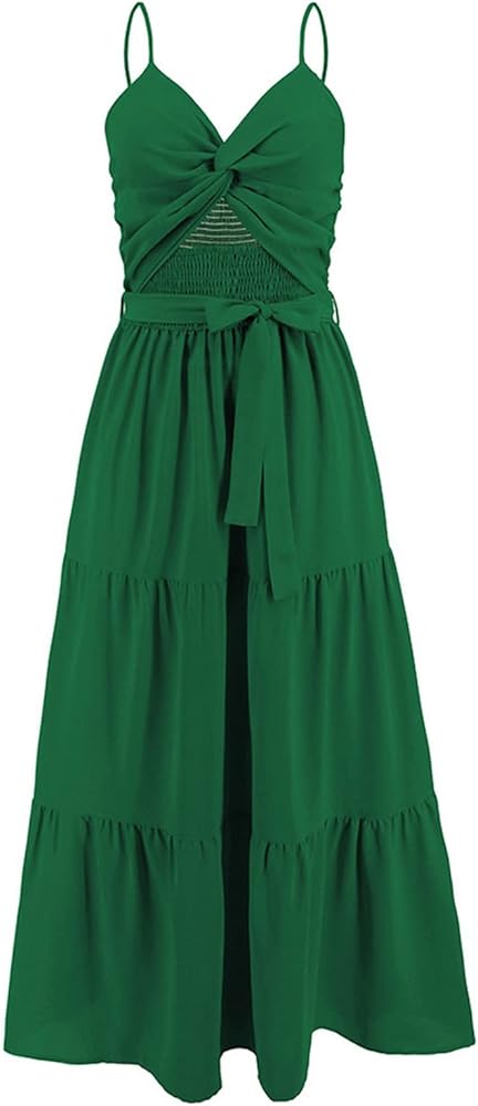 CHICWISH Women's Mint/Green/Black/Orange Twist Cutout Shirred Cami Maxi Dress