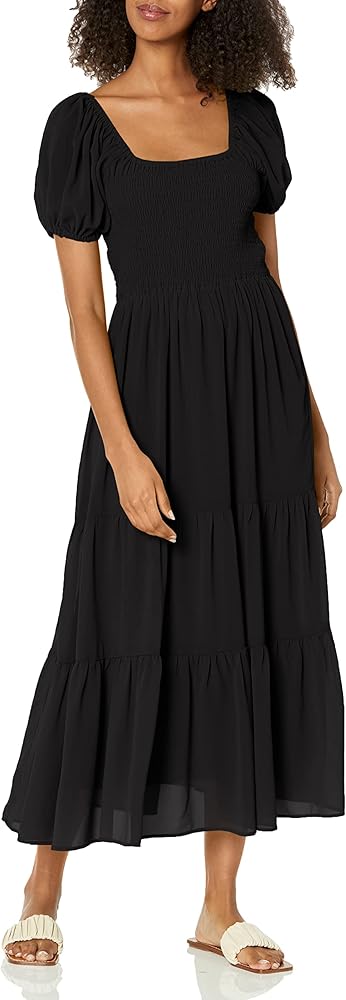 MOON RIVER Women's Puff Sleeve Tiered Shirred Smock Midi Dress