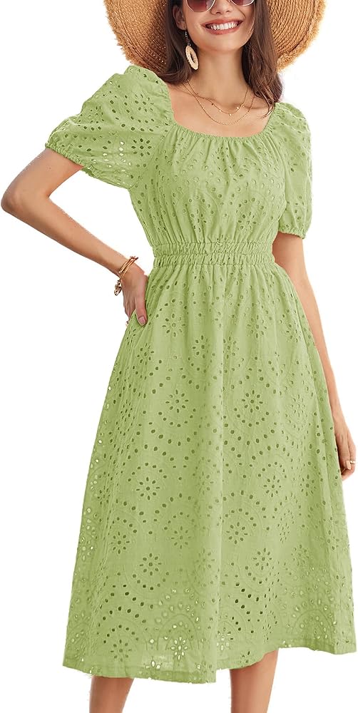 GRACE KARIN Women's Eyelet Dresses Summer Square Neck Short Puff Sleeve Casual A Line Boho Midi Dress