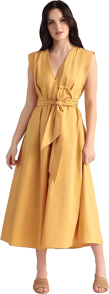 Maggy London Women's V-Neck Midi Dress with Sash and Full Skirt