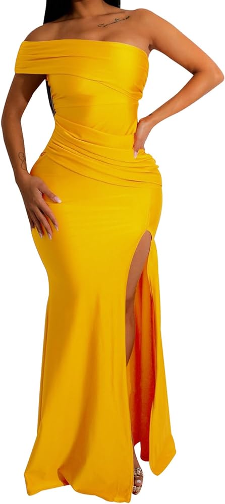 Women's Sexy Off Shoulder Bodycon Maxi Dresses Elegant High Split Club Party Long Dress