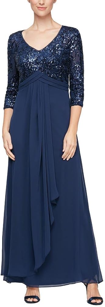 Alex Evenings Women's Size Long Lace Top Empire Waist Dress, Navy Plus, 18W