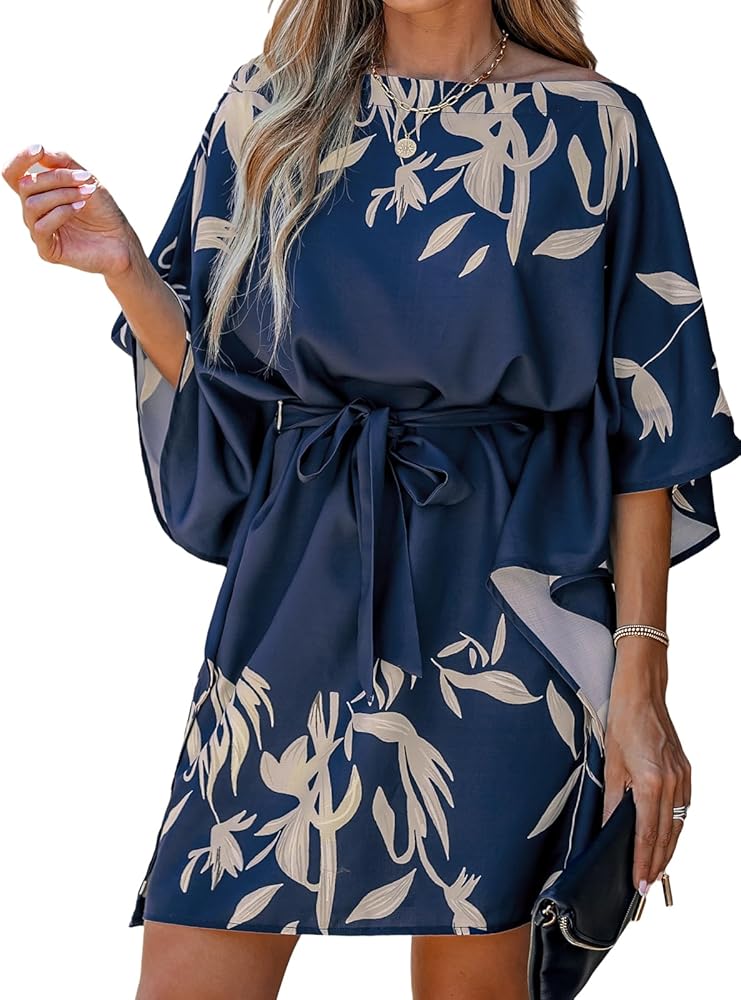 CUPSHE Women's Casual Mini Dress Navy Leaf Print 3/4 Sleeve One Shoulder A Line Short Belted Dresses