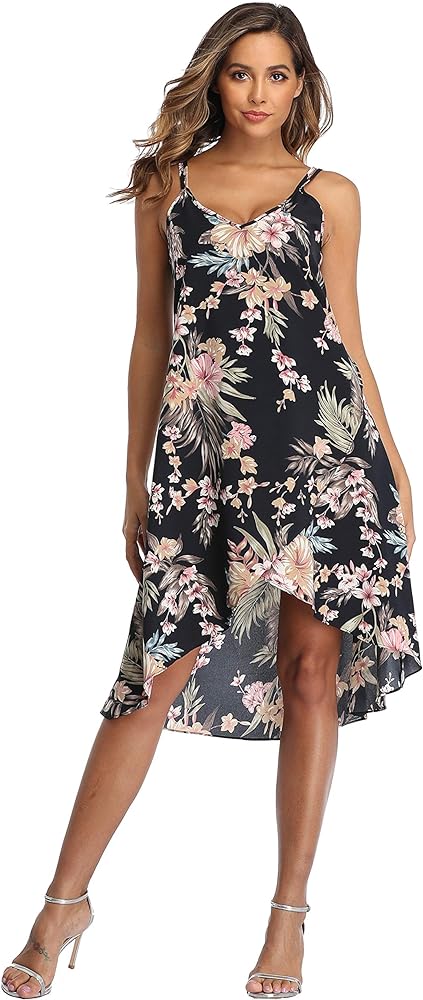 Women's Sleeveless Summer Dresses Sexy V Neck Beach Sundress Asymmetrical Floral High Low Loose Midi Dress