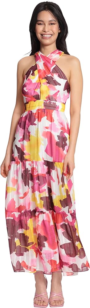 Maggy London Women's Sleeveless Criss Cross Halter Neck Tiered Maxi Dress