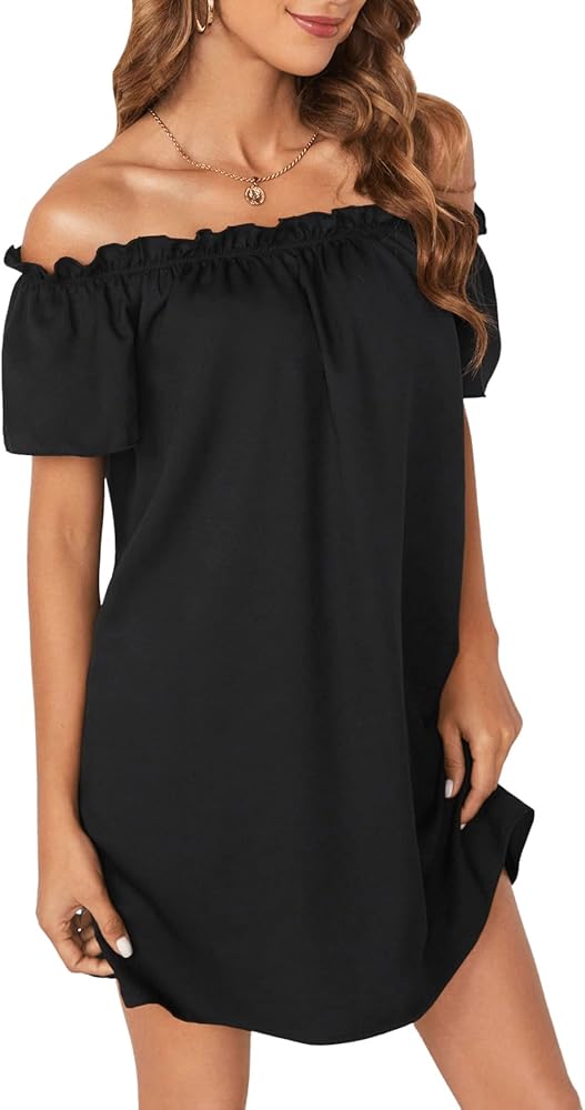 Floerns Women's Off Shoulder Frill Trim Short Sleeve Tunic Short Dress