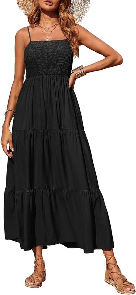 PRETTYGARDEN Women's Summer Maxi Dress Casual Boho Sleeveless Spaghetti Strap Smocked Tiered Long Beach Sun Dresses