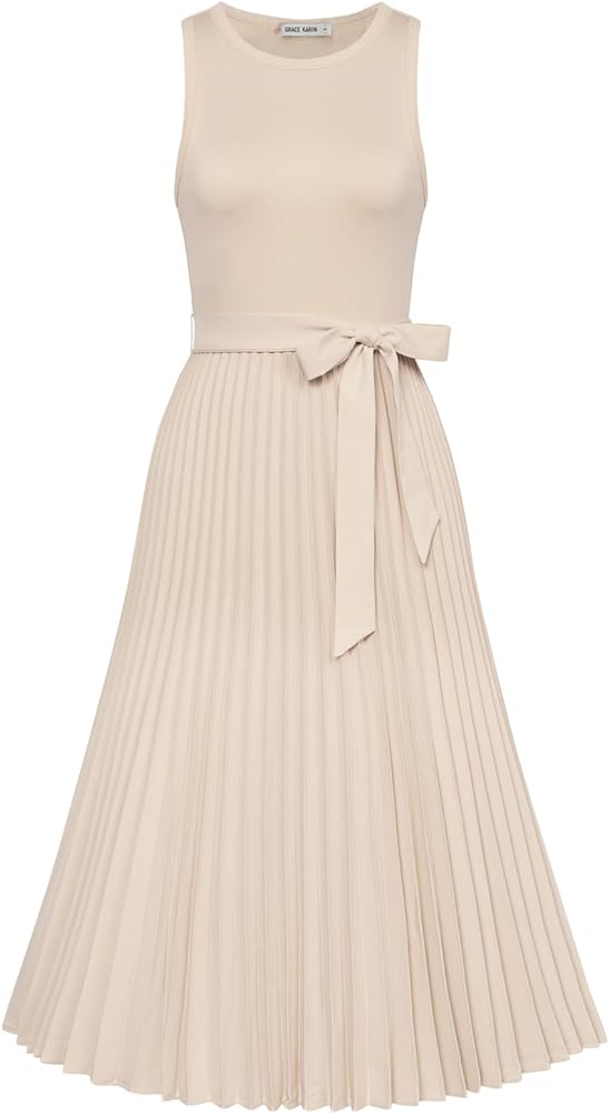 GRACE KARIN 2024 Women's Casual Summer Sleeveless Pleated Flowy Midi A-line Dresses with Belt